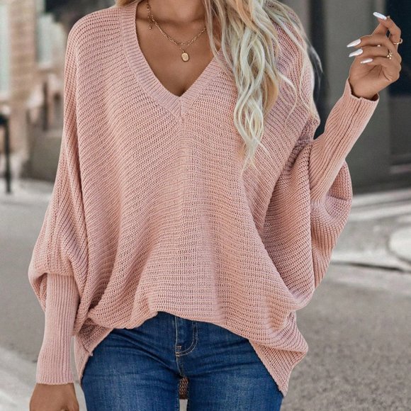 Pink Casual Womens Solid Batwing Sleeve V Neck Sweater - Picture 3 of 5